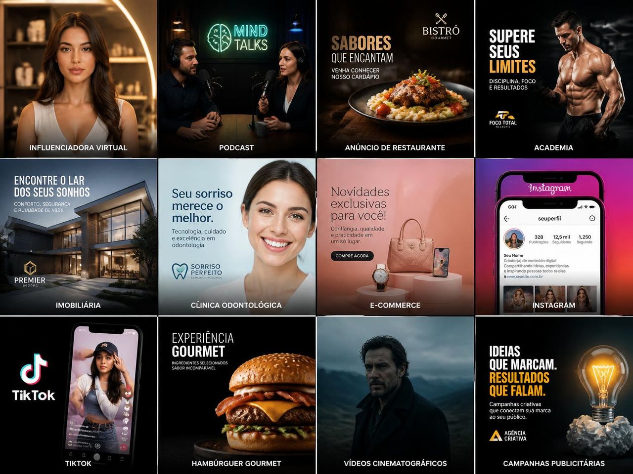 Mosaico com doze exemplos de conteúdos criados com IA: influenciadora virtual, podcast, restaurante, academia, imobiliária, clínica, e-commerce, Instagram, TikTok, hambúrguer, vídeos e campanhas